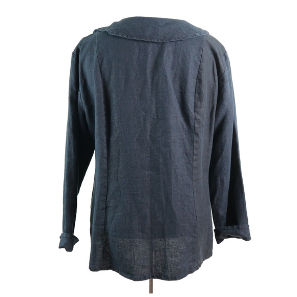 Flax Size M Woven Linen Button Down Blouse Collared Top Black - Picture 4 of 9